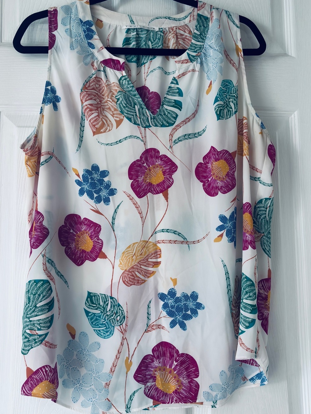 Floral Cold-Shoulder Tank Top - White with Magenta & Teal Flowers